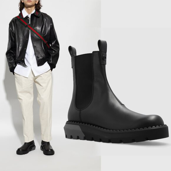 GUCCI BOOTS MENS CHELSEA BLACK LEATHER ANKLE w INTERLOCKING LOGO sz 9.5 10 - Picture 2 of 15